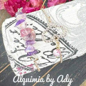Amethyst/ Lepidolite/ balanced bar adjustable dainty bracelet Rose gold